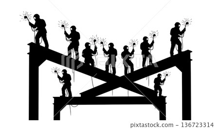 Black Solid Structural Beam Welder Overhead Silhouettes Set of Six on White Background Black Solid Structural Beam Welder Overhead Silhouettes Set of Six on White Background 136723314