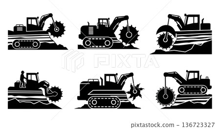 Black Solid Surface Miner Rock Silhouettes Set of Six on White Background Black Solid Surface Miner Rock Silhouettes Set of Six on White Background 136723327