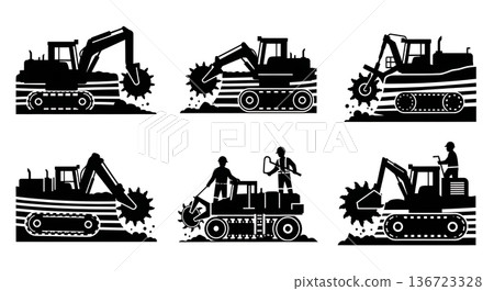 Black Solid Surface Miner Rock Silhouettes Set of Six on White Background Black Solid Surface Miner Rock Silhouettes Set of Six on White Background 136723328