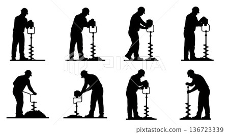 Black Solid Surveyor Auger Drill Silhouettes Set of Six on White Background 136723339