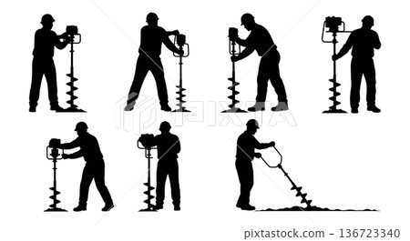 Black Solid Surveyor Auger Drill Silhouettes Set of Six on White Background 136723340