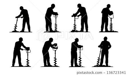 Black Solid Surveyor Auger Drill Silhouettes Set of Six on White Background 136723341