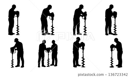 Black Solid Surveyor Auger Drill Silhouettes Set of Six on White Background Black Solid Surveyor Auger Drill Silhouettes Set of Six on White Background 136723342