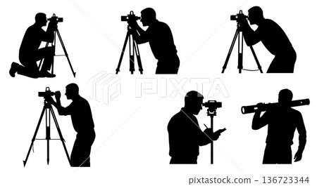 Black Solid Surveyor Auto Level Silhouettes Set of Six on White Background 136723344