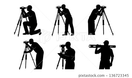 Black Solid Surveyor Auto Level Silhouettes Set of Six on White Background Black Solid Surveyor Auto Level Silhouettes Set of Six on White Background 136723345