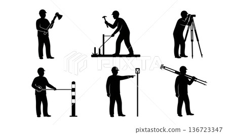 Black Solid Surveyor Axe Peg Silhouettes Set of Six on White Background 136723347