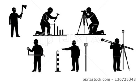 Black Solid Surveyor Axe Peg Silhouettes Set of Six on White Background Black Solid Surveyor Axe Peg Silhouettes Set of Six on White Background 136723348