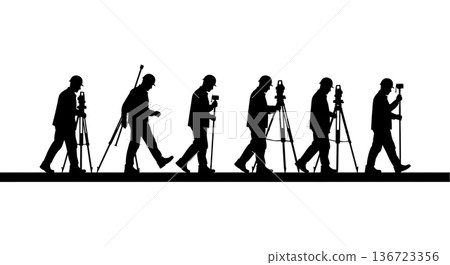 Black Solid Surveyor Balance Beam Silhouettes Set of Six on White Background Black Solid Surveyor Balance Beam Silhouettes Set of Six on White Background 136723356