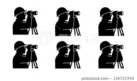 Black Solid Surveyor Binoculars View Silhouettes Set of Six on White Background Black Solid Surveyor Binoculars View Silhouettes Set of Six on White Background 136723359