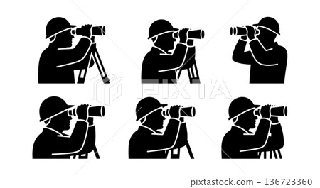 Black Solid Surveyor Binoculars View Silhouettes Set of Six on White Background Black Solid Surveyor Binoculars View Silhouettes Set of Six on White Background 136723360