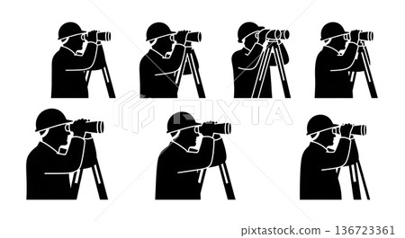 Black Solid Surveyor Binoculars View Silhouettes Set of Six on White Background 136723361