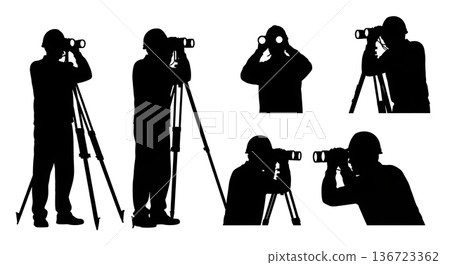Black Solid Surveyor Binoculars View Silhouettes Set of Six on White Background Black Solid Surveyor Binoculars View Silhouettes Set of Six on White Background 136723362