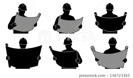 Black Solid Surveyor Reading Blueprints Silhouettes Set of Six on White Background 136723363