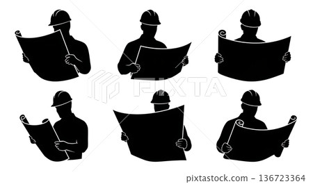 Black Solid Surveyor Reading Blueprints Silhouettes Set of Six on White Background Black Solid Surveyor Reading Blueprints Silhouettes Set of Six on White Background 136723364