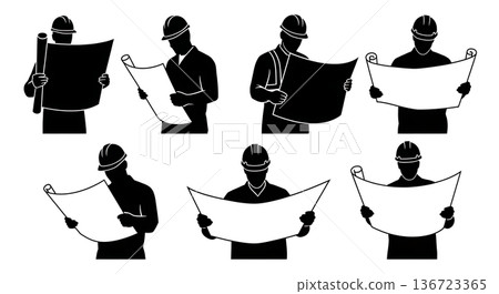Black Solid Surveyor Reading Blueprints Silhouettes Set of Six on White Background 136723365
