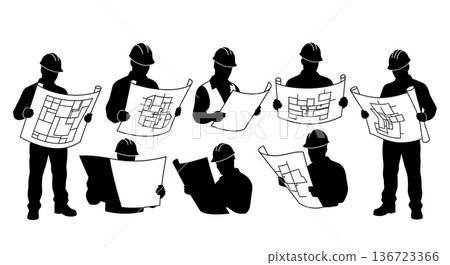 Black Solid Surveyor Reading Blueprints Silhouettes Set of Six on White Background Black Solid Surveyor Reading Blueprints Silhouettes Set of Six on White Background 136723366