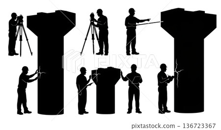 Black Solid Surveyor Bridge Pier Silhouettes Set of Six on White Background Black Solid Surveyor Bridge Pier Silhouettes Set of Six on White Background 136723367