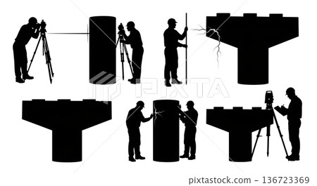 Black Solid Surveyor Bridge Pier Silhouettes Set of Six on White Background 136723369