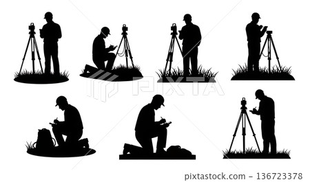 Black Solid Surveyor Calculator Math Silhouettes Set of Six on White Background 136723378
