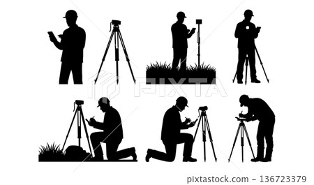Black Solid Surveyor Calculator Math Silhouettes Set of Six on White Background Black Solid Surveyor Calculator Math Silhouettes Set of Six on White Background 136723379