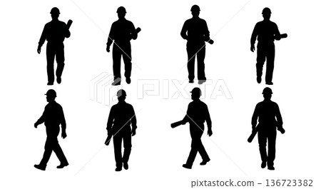 Black Solid Surveyor Carry Blueprint Silhouettes Set of Six on White Background Black Solid Surveyor Carry Blueprint Silhouettes Set of Six on White Background 136723382