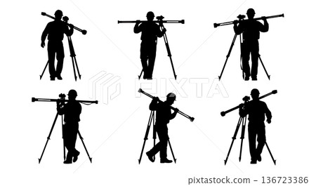 Black Solid Surveyor Carrying Tripod Silhouettes Set of Six on White Background Black Solid Surveyor Carrying Tripod Silhouettes Set of Six on White Background 136723386