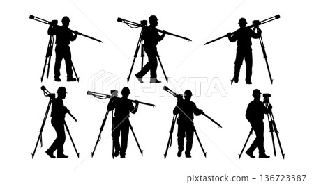Black Solid Surveyor Carrying Tripod Silhouettes Set of Six on White Background Black Solid Surveyor Carrying Tripod Silhouettes Set of Six on White Background 136723387