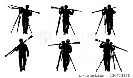 Black Solid Surveyor Carrying Tripod Silhouettes Set of Six on White Background Black Solid Surveyor Carrying Tripod Silhouettes Set of Six on White Background 136723388