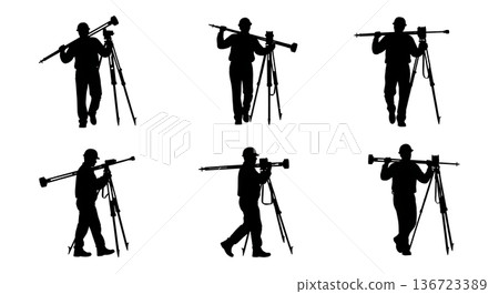 Black Solid Surveyor Carrying Tripod Silhouettes Set of Six on White Background Black Solid Surveyor Carrying Tripod Silhouettes Set of Six on White Background 136723389
