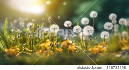 Dandelion flower, copy space blurred background, Generative AI Dandelion flower, copy space blurred background, Generative AI 136723398
