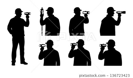Black Solid Surveyor Laser Meter Silhouettes Set of Six on White Background 136723423