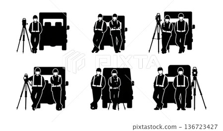 Black Solid Surveyor Leaning Truck Silhouettes Set of Six on White Background Black Solid Surveyor Leaning Truck Silhouettes Set of Six on White Background 136723427