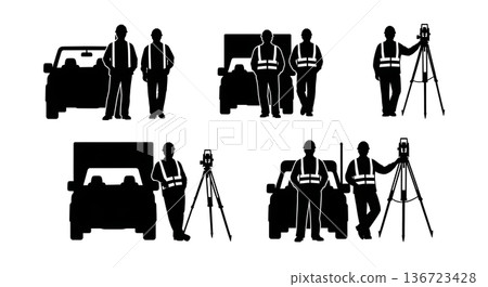 Black Solid Surveyor Leaning Truck Silhouettes Set of Six on White Background Black Solid Surveyor Leaning Truck Silhouettes Set of Six on White Background 136723428