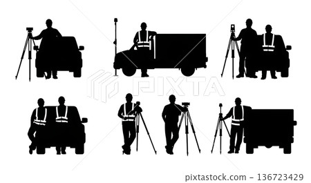 Black Solid Surveyor Leaning Truck Silhouettes Set of Six on White Background Black Solid Surveyor Leaning Truck Silhouettes Set of Six on White Background 136723429