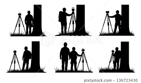Black Solid Surveyor Lean Tree Silhouettes Set of Six on White Background Black Solid Surveyor Lean Tree Silhouettes Set of Six on White Background 136723430