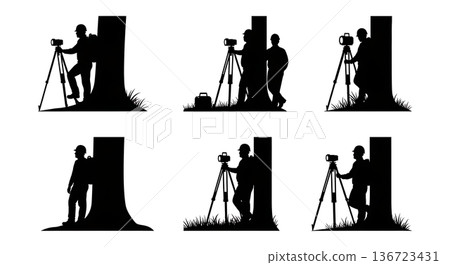 Black Solid Surveyor Lean Tree Silhouettes Set of Six on White Background 136723431