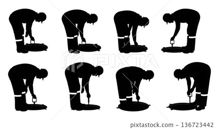 Black Solid Surveyor Manhole Drain Silhouettes Set of Six on White Background Black Solid Surveyor Manhole Drain Silhouettes Set of Six on White Background 136723442