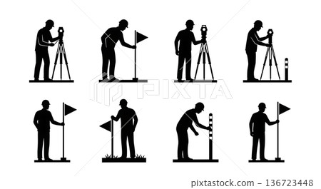 Black Solid Surveyor Marker Flag Silhouettes Set of Six on White Background 136723448