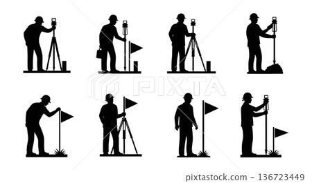 Black Solid Surveyor Marker Flag Silhouettes Set of Six on White Background 136723449