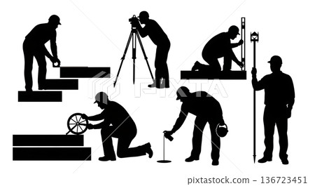 Black Solid Surveyor Measure Curb Silhouettes Set of Six on White Background 136723451