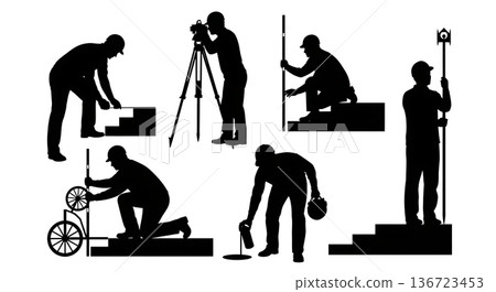 Black Solid Surveyor Measure Curb Silhouettes Set of Six on White Background Black Solid Surveyor Measure Curb Silhouettes Set of Six on White Background 136723453