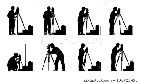 Black Solid Surveyor Measure Curb Silhouettes Set of Six on White Background Black Solid Surveyor Measure Curb Silhouettes Set of Six on White Background 136723455