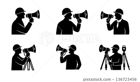 Black Solid Surveyor Megaphone Shout Silhouettes Set of Six on White Background 136723456
