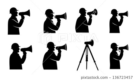 Black Solid Surveyor Megaphone Shout Silhouettes Set of Six on White Background Black Solid Surveyor Megaphone Shout Silhouettes Set of Six on White Background 136723457