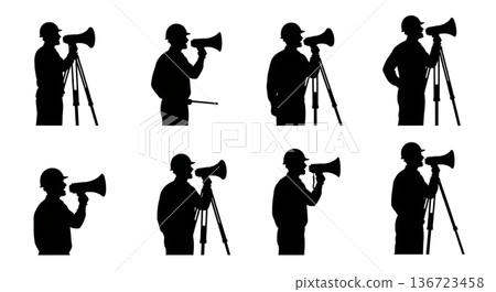 Black Solid Surveyor Megaphone Shout Silhouettes Set of Six on White Background Black Solid Surveyor Megaphone Shout Silhouettes Set of Six on White Background 136723458