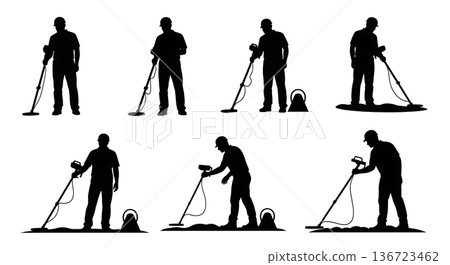 Black Solid Surveyor Metal Detector Silhouettes Set of Six on White Background 136723462