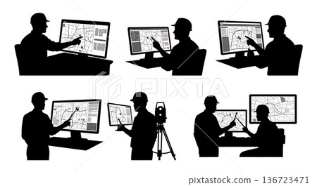 Black Solid Surveyor Office Screen Silhouettes Set of Six on White Background Black Solid Surveyor Office Screen Silhouettes Set of Six on White Background 136723471