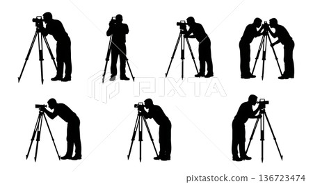 Black Solid Surveyor Optical Plummet Silhouettes Set of Six on White Background Black Solid Surveyor Optical Plummet Silhouettes Set of Six on White Background 136723474