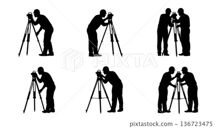 Black Solid Surveyor Optical Plummet Silhouettes Set of Six on White Background Black Solid Surveyor Optical Plummet Silhouettes Set of Six on White Background 136723475