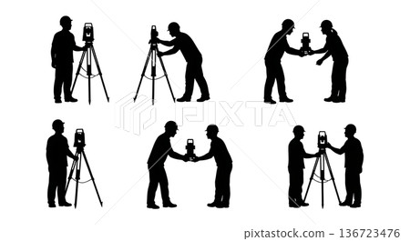 Black Solid Surveyor Pass Gear Silhouettes Set of Six on White Background Black Solid Surveyor Pass Gear Silhouettes Set of Six on White Background 136723476